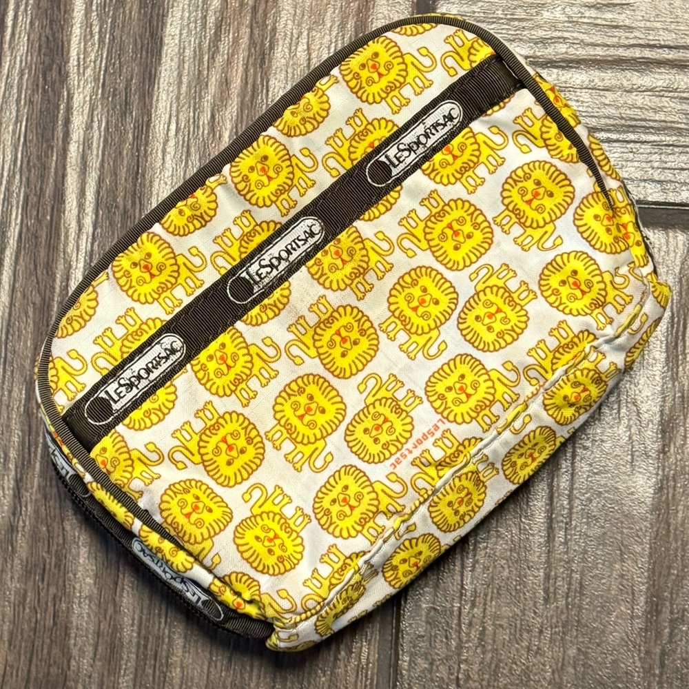 Y2K LeSportsac Yellow Lion Print Cosmetic Pouch with Brown Trim